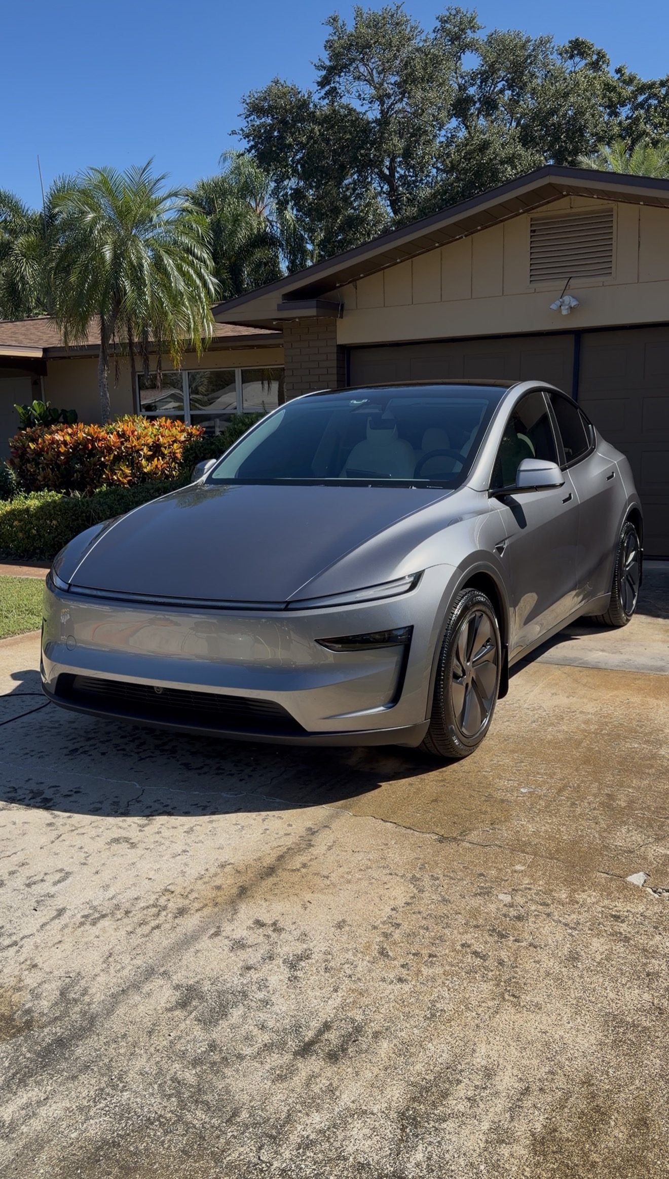 Gray Tesla Model Y detailed by Harn Detailing Co. in a Pinellas County driveway